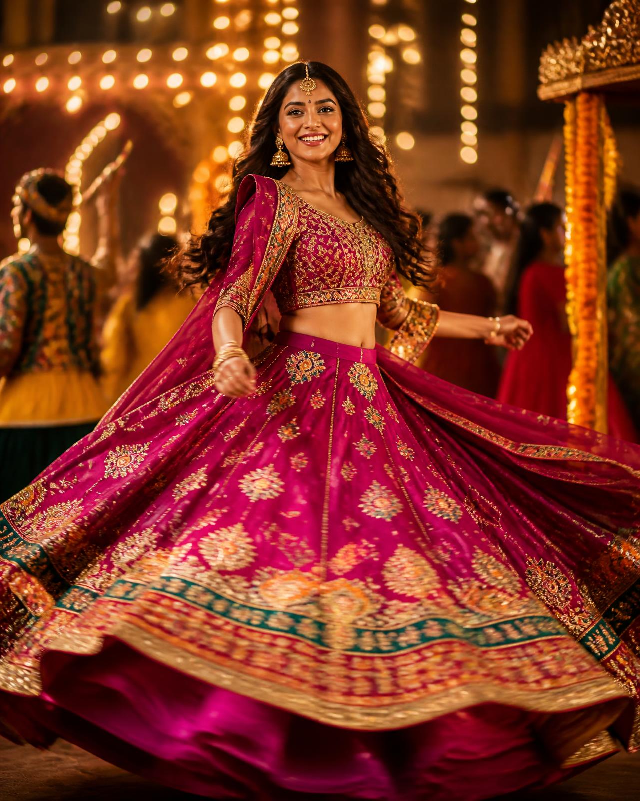 Woman twirling joyfully in a vibrant pink and gold lehenga at a Navratri celebration